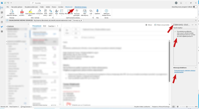Zrzut ekranu z Microsoft Outlook z zaznaczonymi czerwonymi strzałkami miejscami, w których można sprawdzić ułatwienia dostępu wiadomości mejlowej.