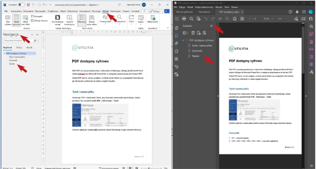 Zrzut ekranów Microsoft Word i Adobe Reader obok siebie. Na obydwóch czerwone strzełki wskazujące punkty, które pozwalają na wyświetlenie zakładek dokumentu.