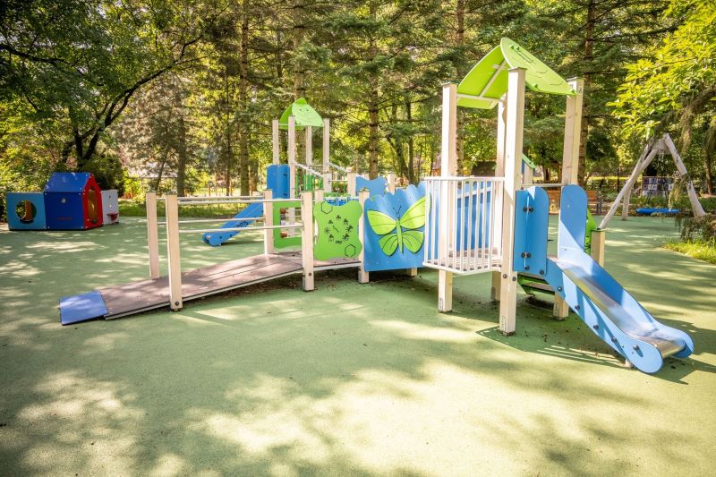 Plac zabaw z drabinkami i zjeżdżalnią dla dzieci, z podjazdem dla wózków. Wokół zielone drzewa.